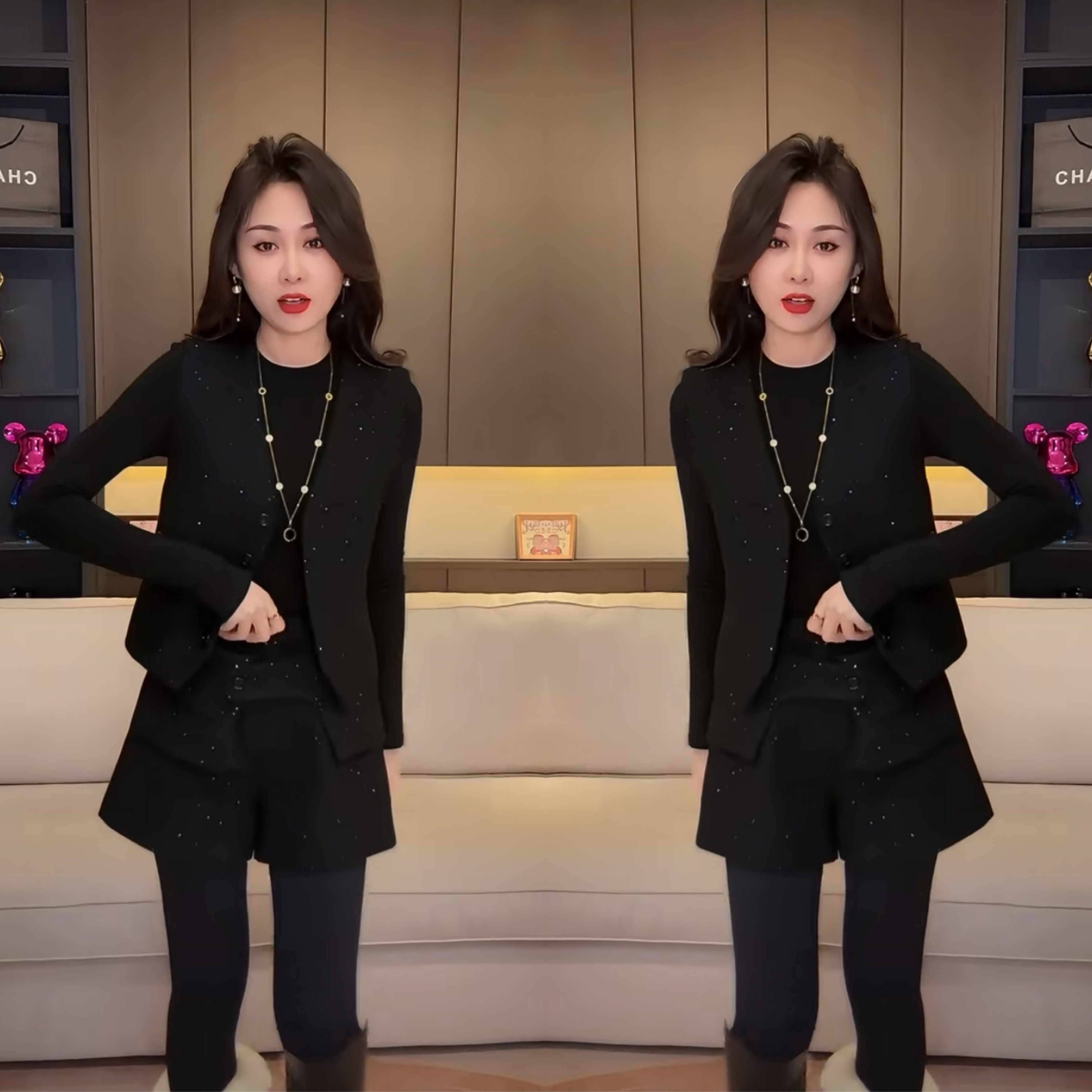 温柔淑女2025冬季公主名媛风黑色修身打底时髦马甲搭配短裤三件套