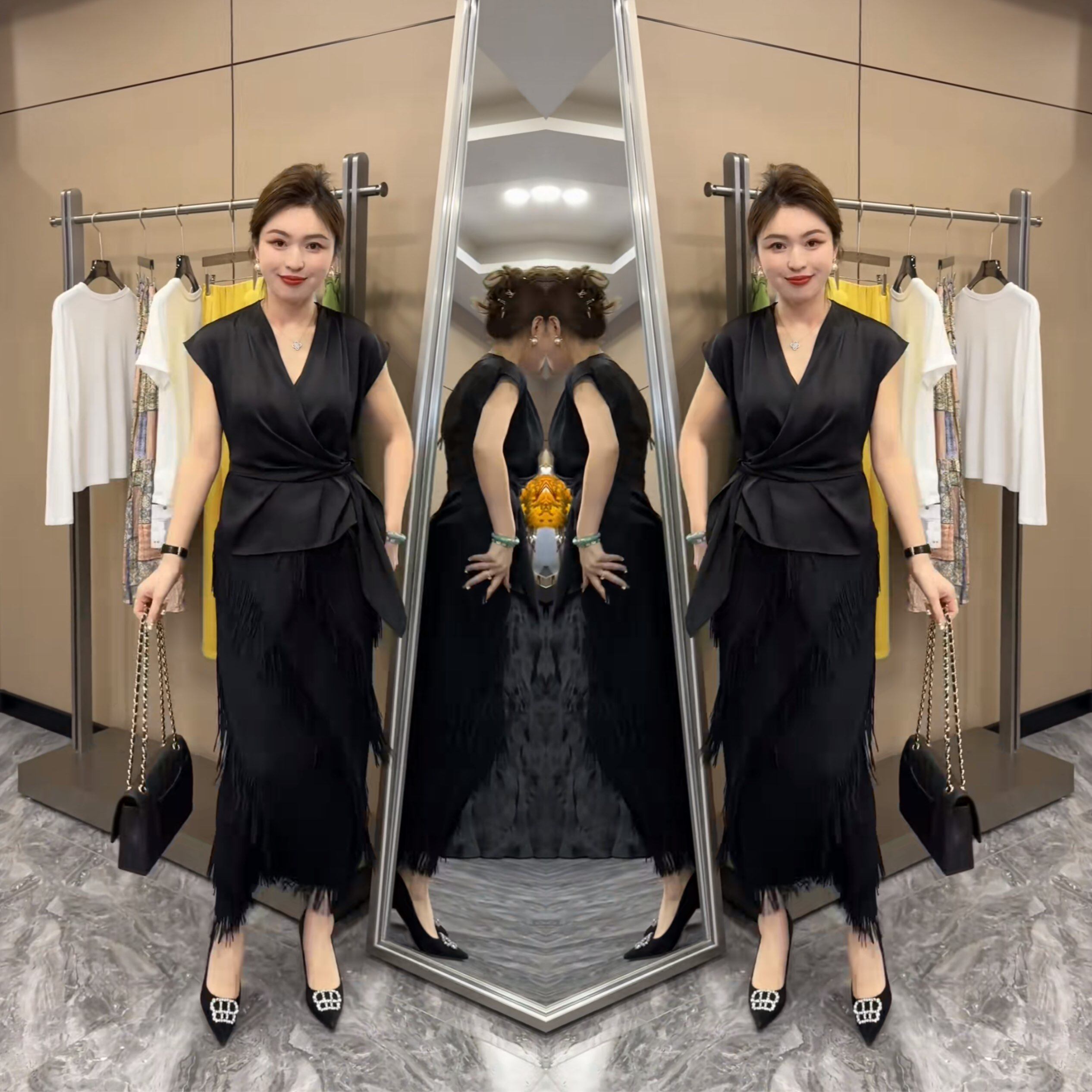 赫本风高级感夏季新款黑色洋气减龄收腰显瘦两件套上衣搭配半身裙