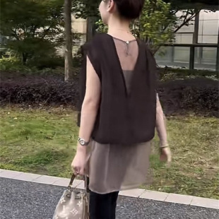 两件套网红女装 美式 显瘦长裤 复古2025夏季 潮 简约上衣搭配黑色修身