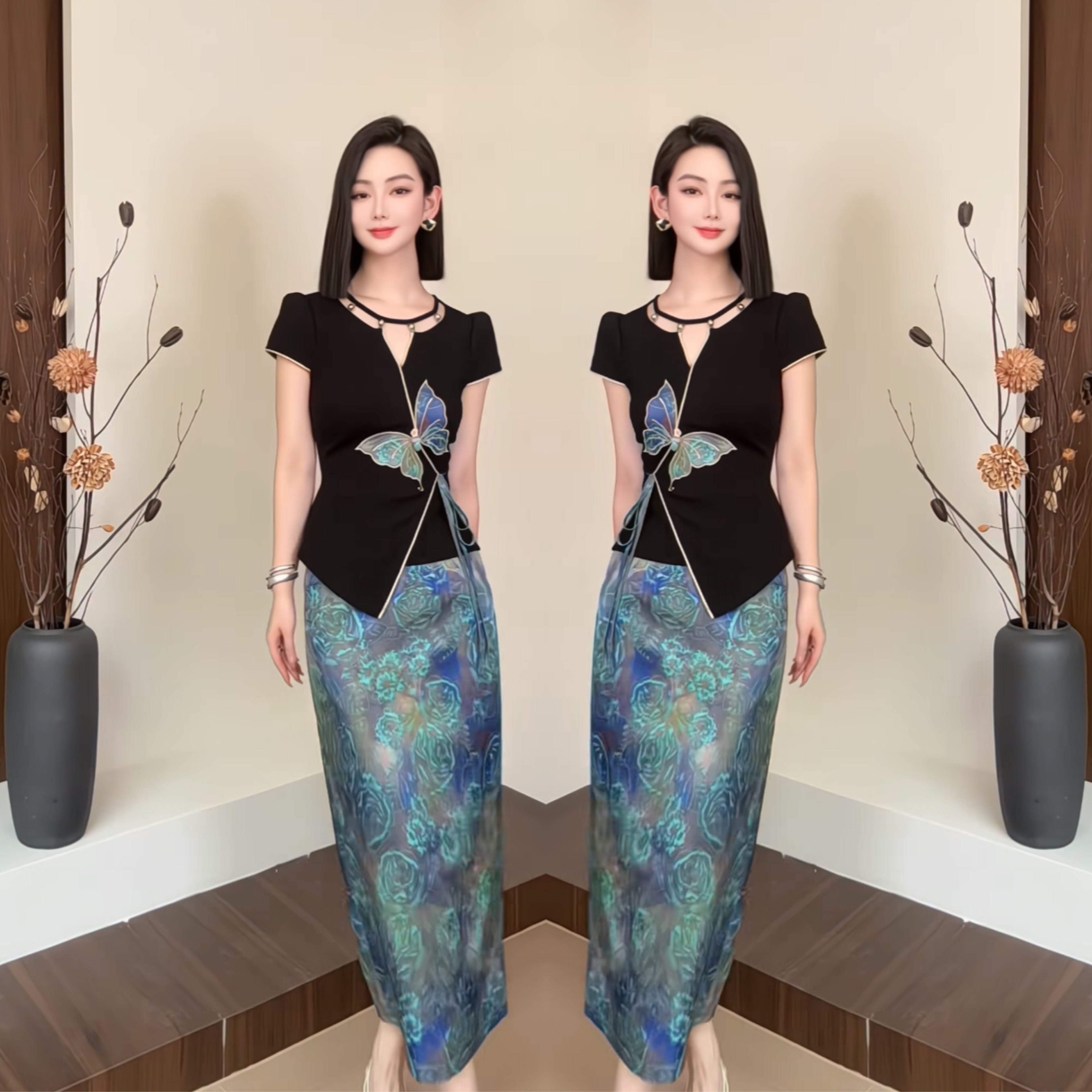 新中式国潮风2026春季网红新款蓝色蝴蝶旗袍V领上衣包臀半身裙女