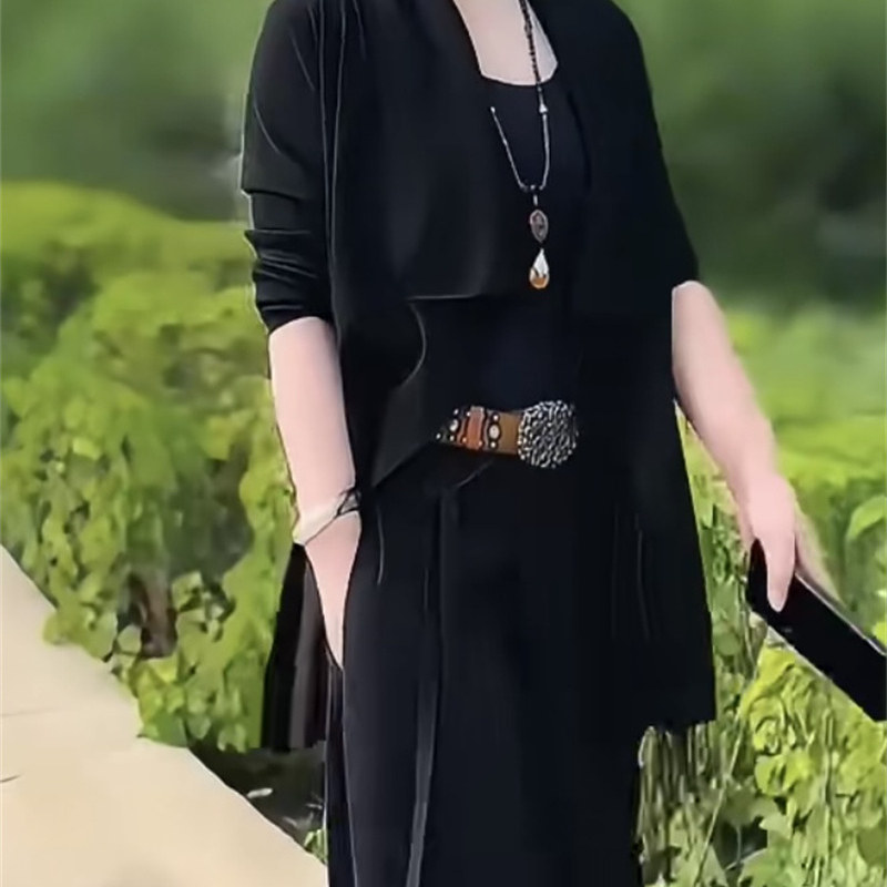 欧洲站爆款炸街黑色职业办公高冷气质开衫流苏设计西服长款半身裙