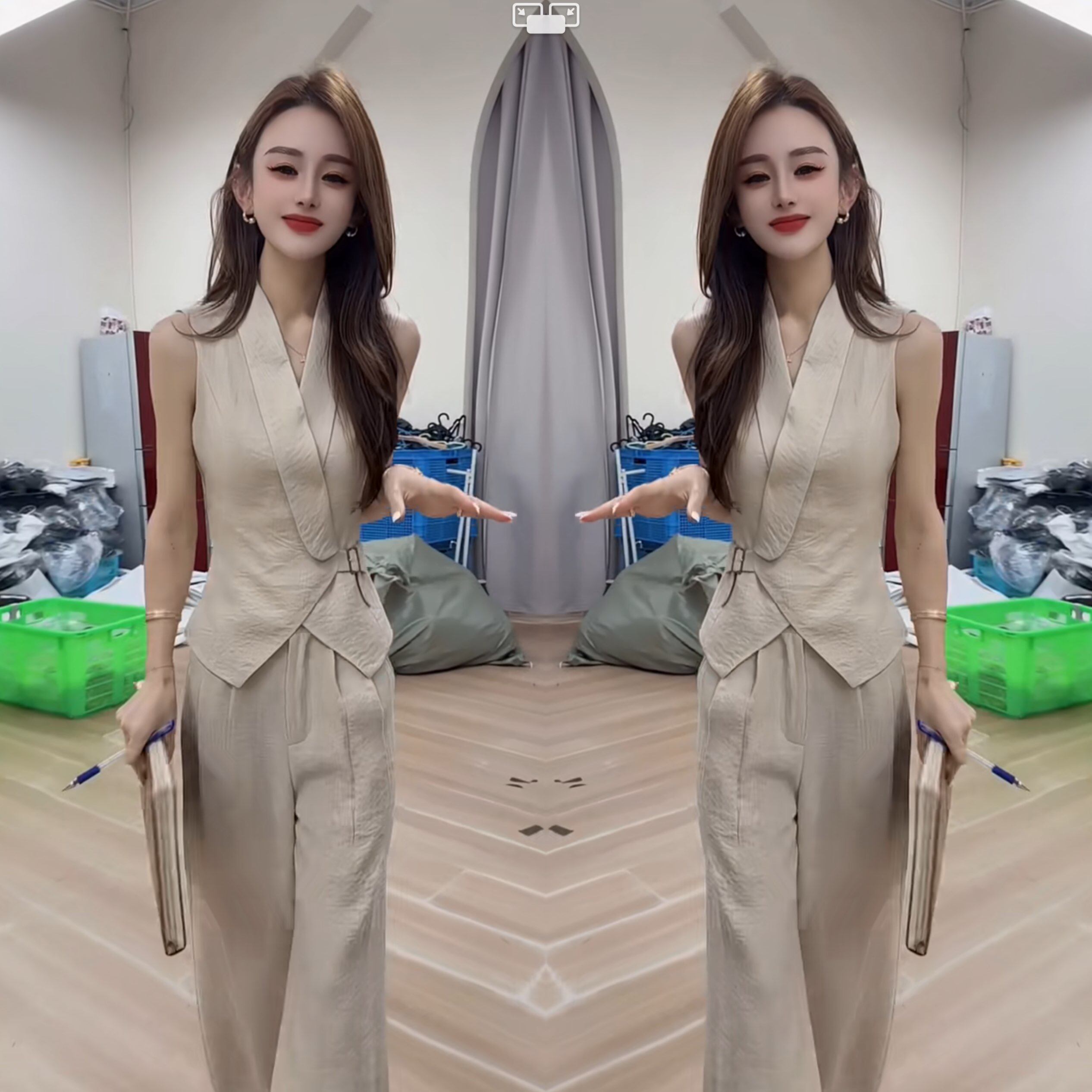 韩版无袖女士两件套马甲裤子潮