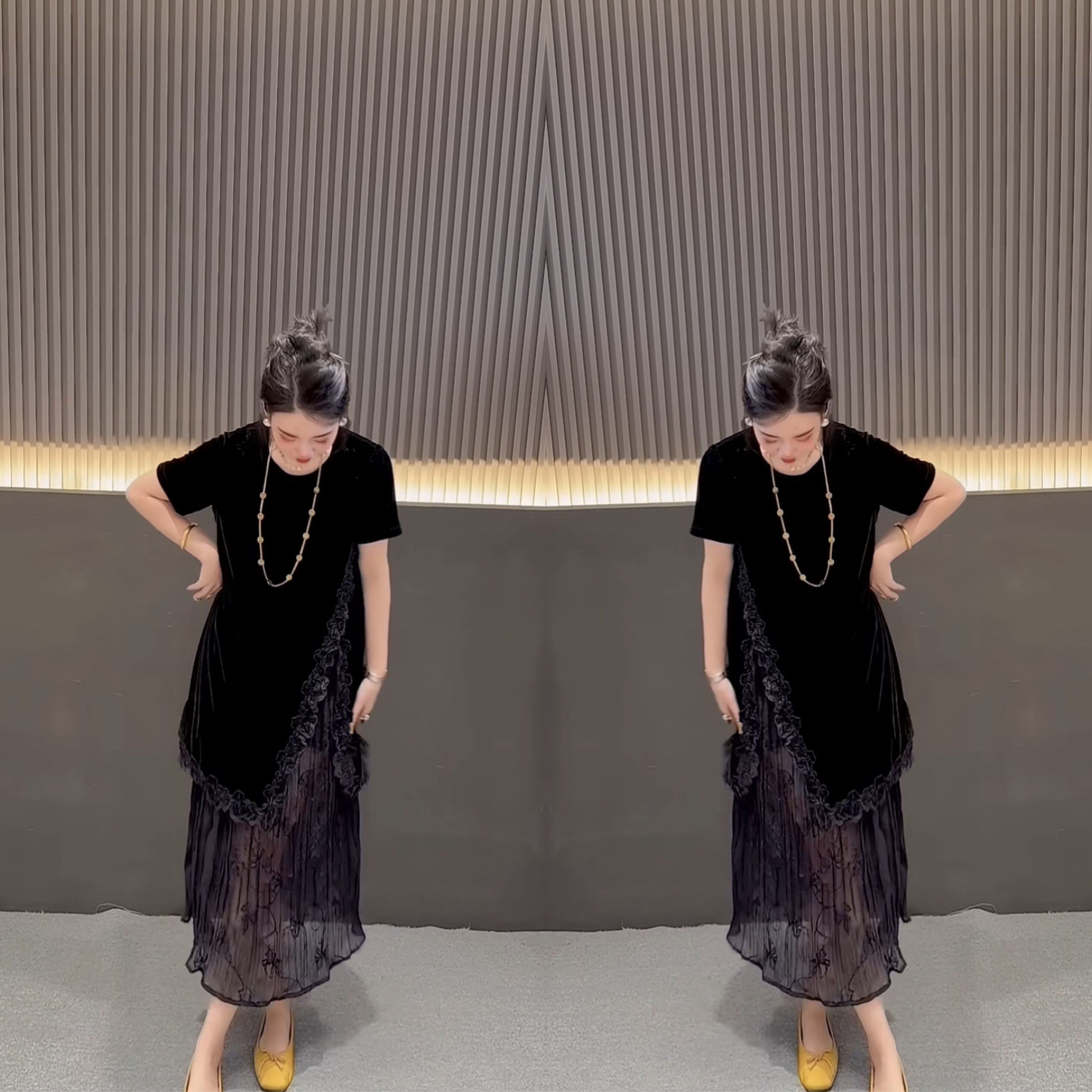 长款开叉丝绒拼接蕾丝女神连衣裙