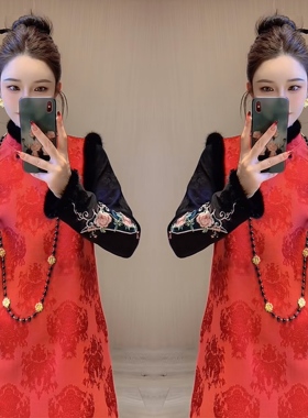 国潮风韵味气质黑色刺绣干练打底红色旗袍洋气斜襟连衣裙网红女装