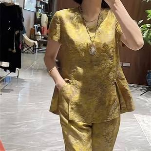 中年妈妈经典 两件套 气质2025夏季 宽松显白大气优雅上衣搭配直筒裤