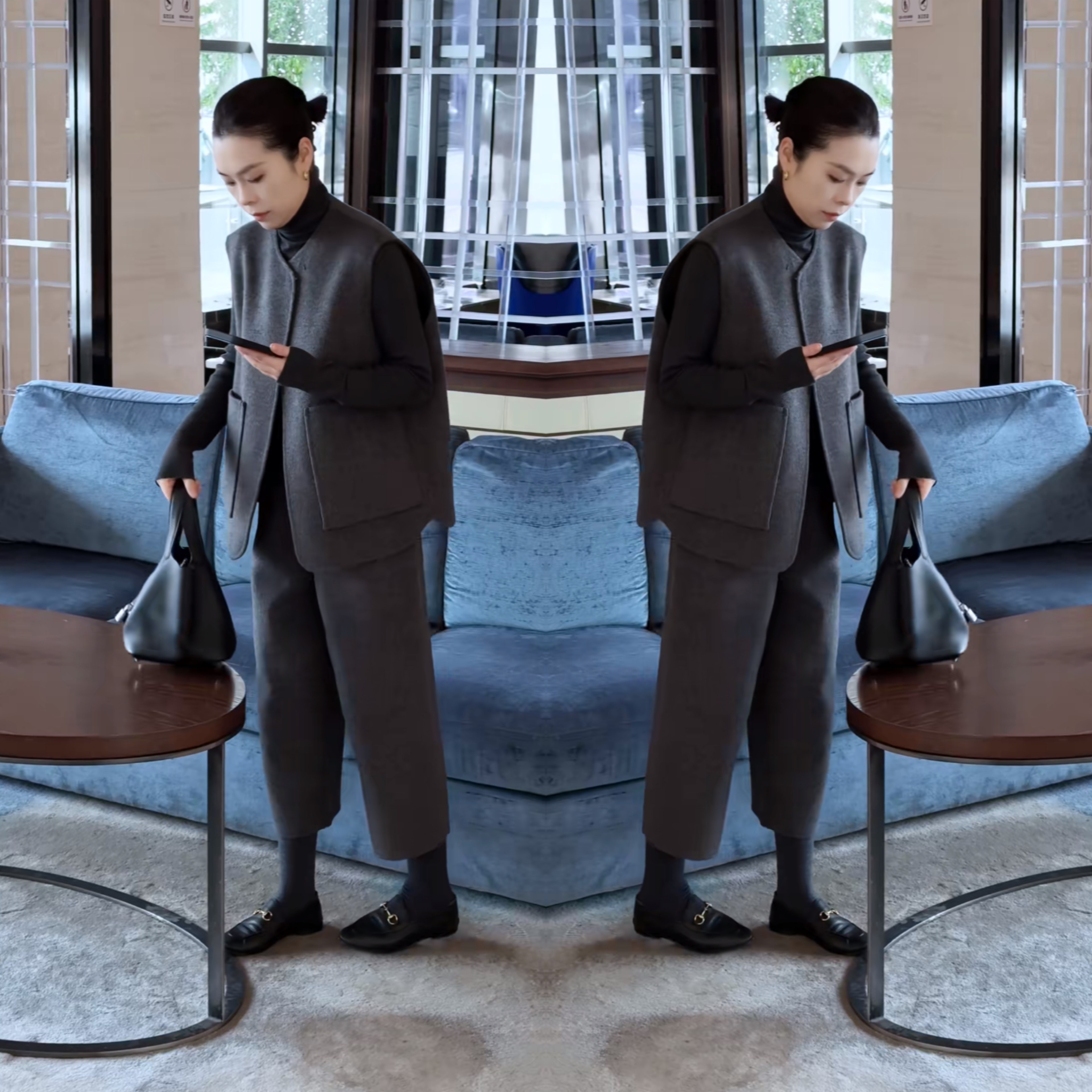 2025冬季灰色气质优雅小个子开衫时髦马甲搭配修身打底七分直筒裤