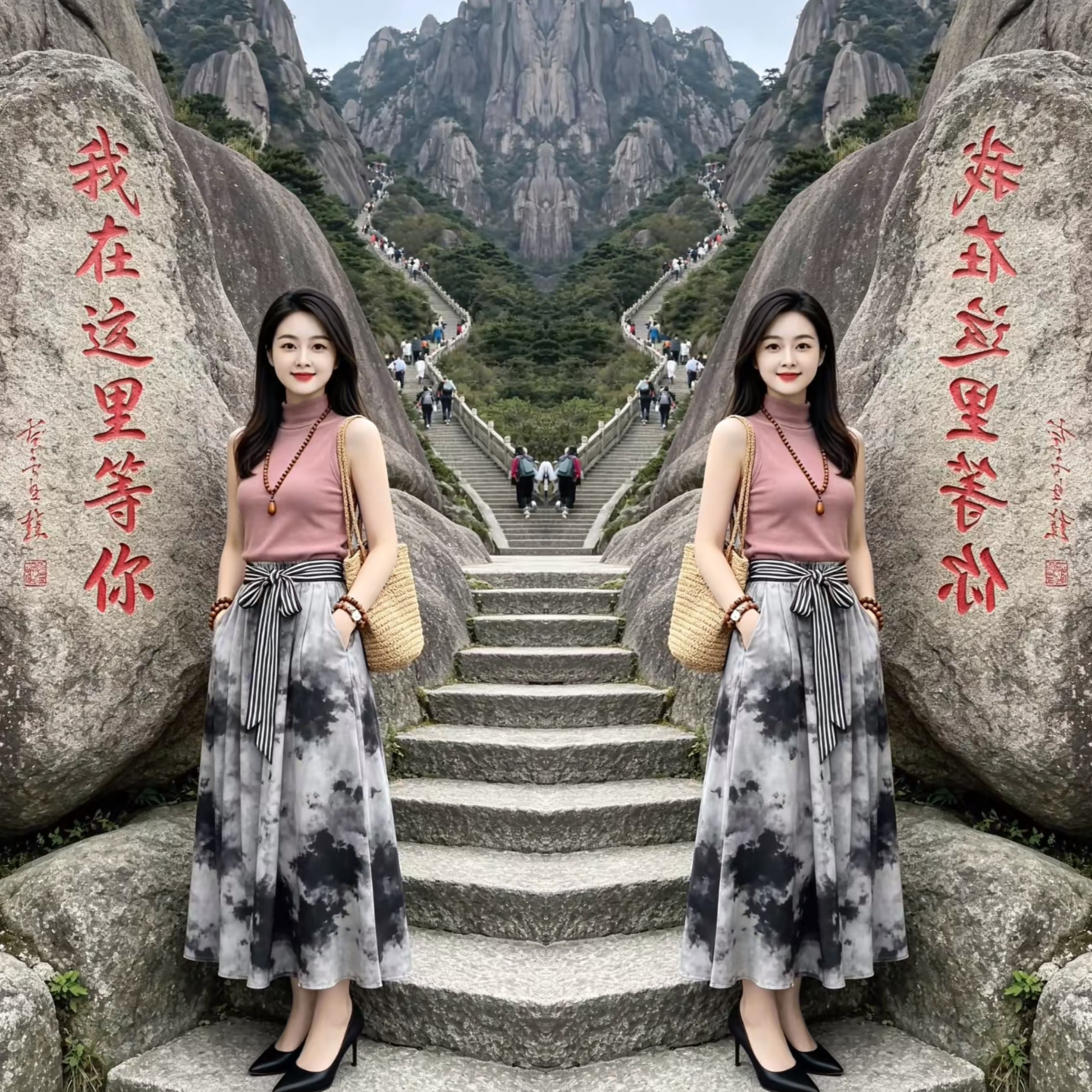 纯色无袖上衣搭配晕染设计裙子