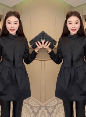 黑色宽松假两件遮肉女士衬衫裙潮