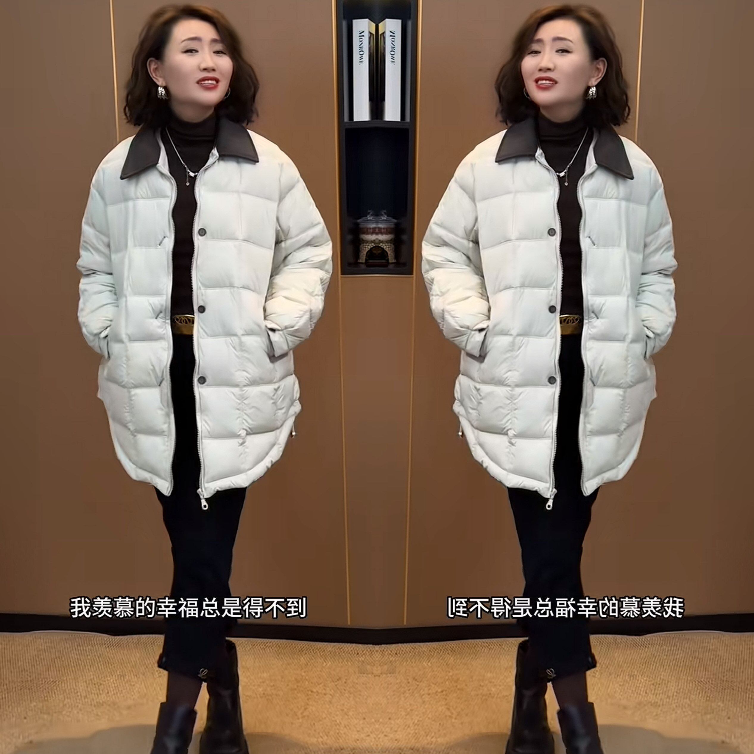 中长款韩版翻领撞色女士棉服外套