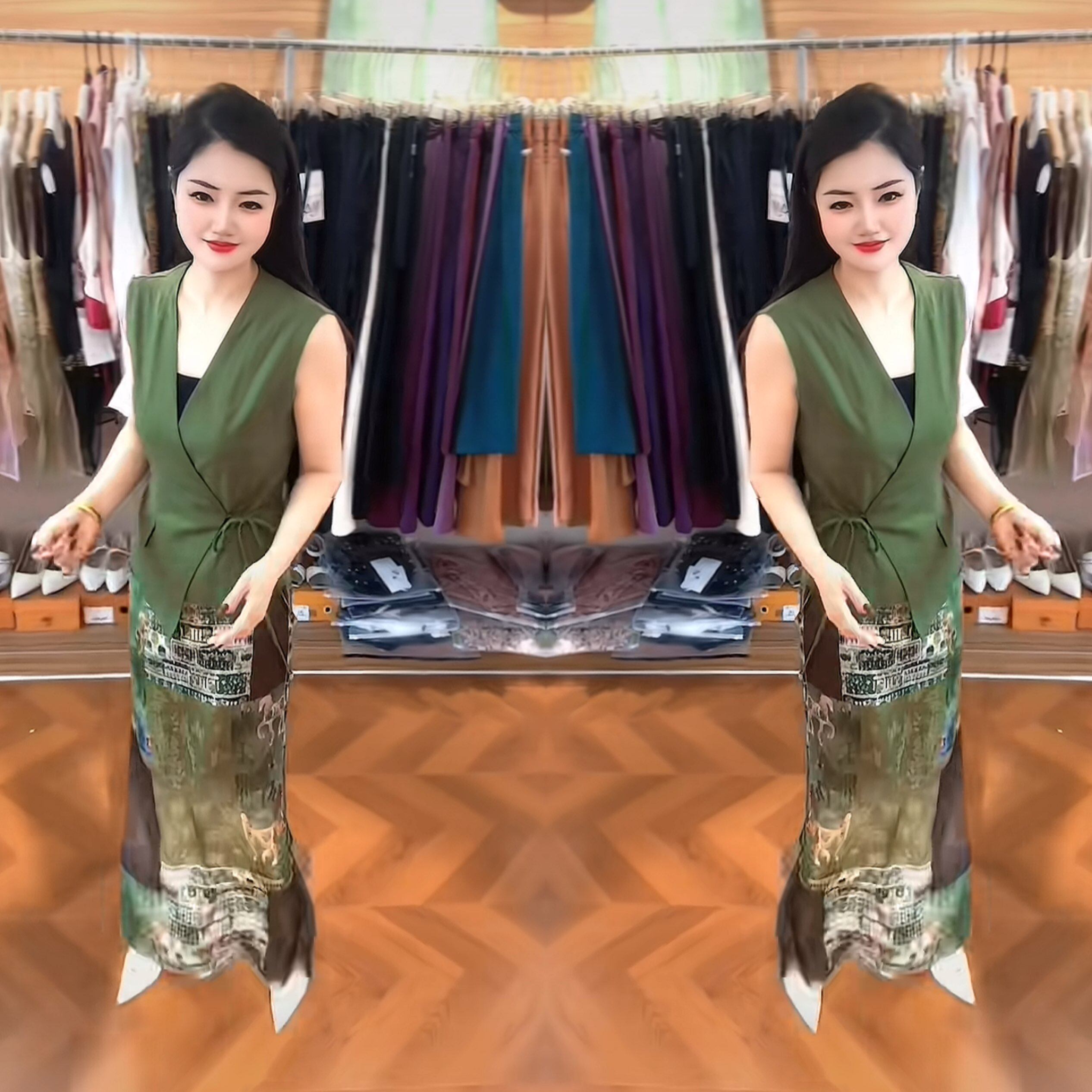 显瘦无袖收腰马甲搭配印花半身裙