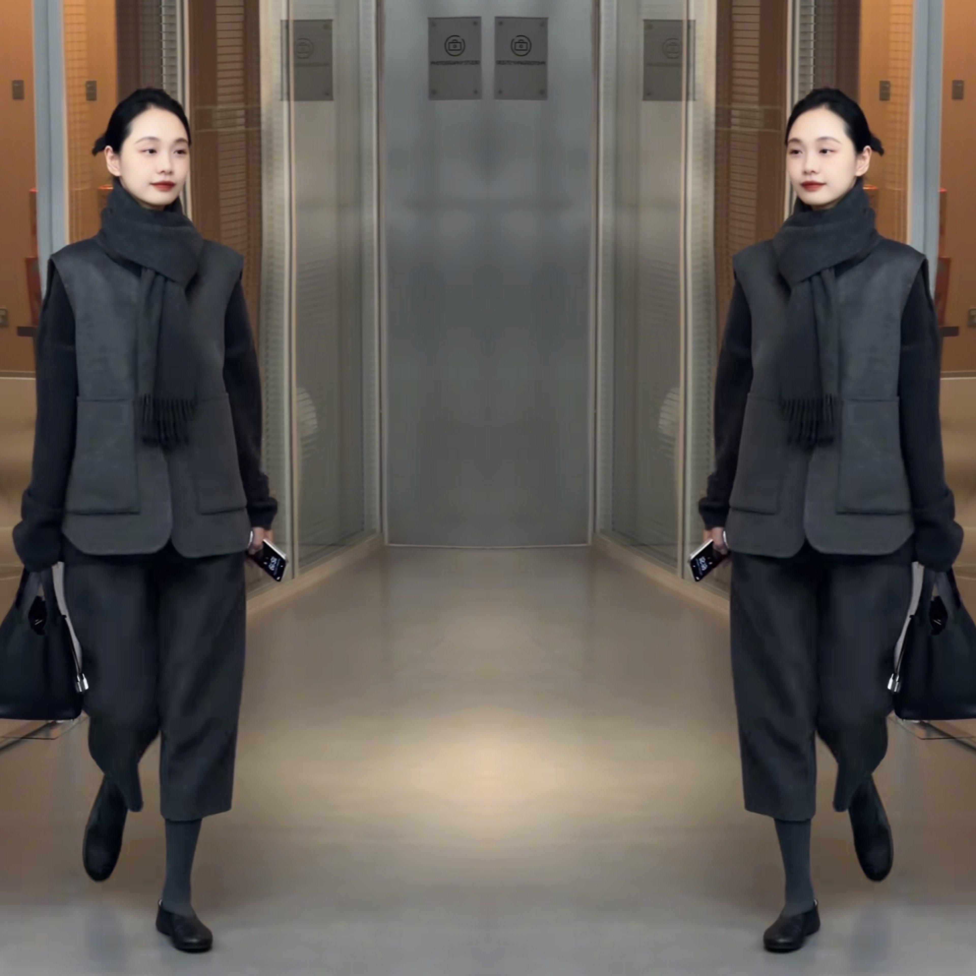 职业风马甲搭配高腰垂感七分裤