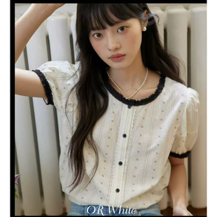 十字纹提花木耳边拼接泡泡袖米白衬衫女法式复古宫廷风89081