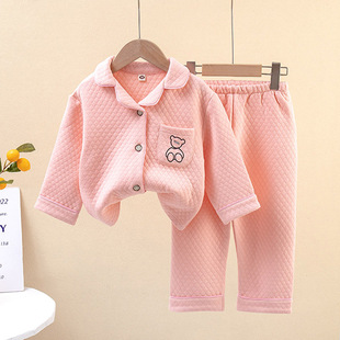 儿童三层夹棉保暖衣2026新款冬季男女童加绒加厚舒适柔软睡衣套装