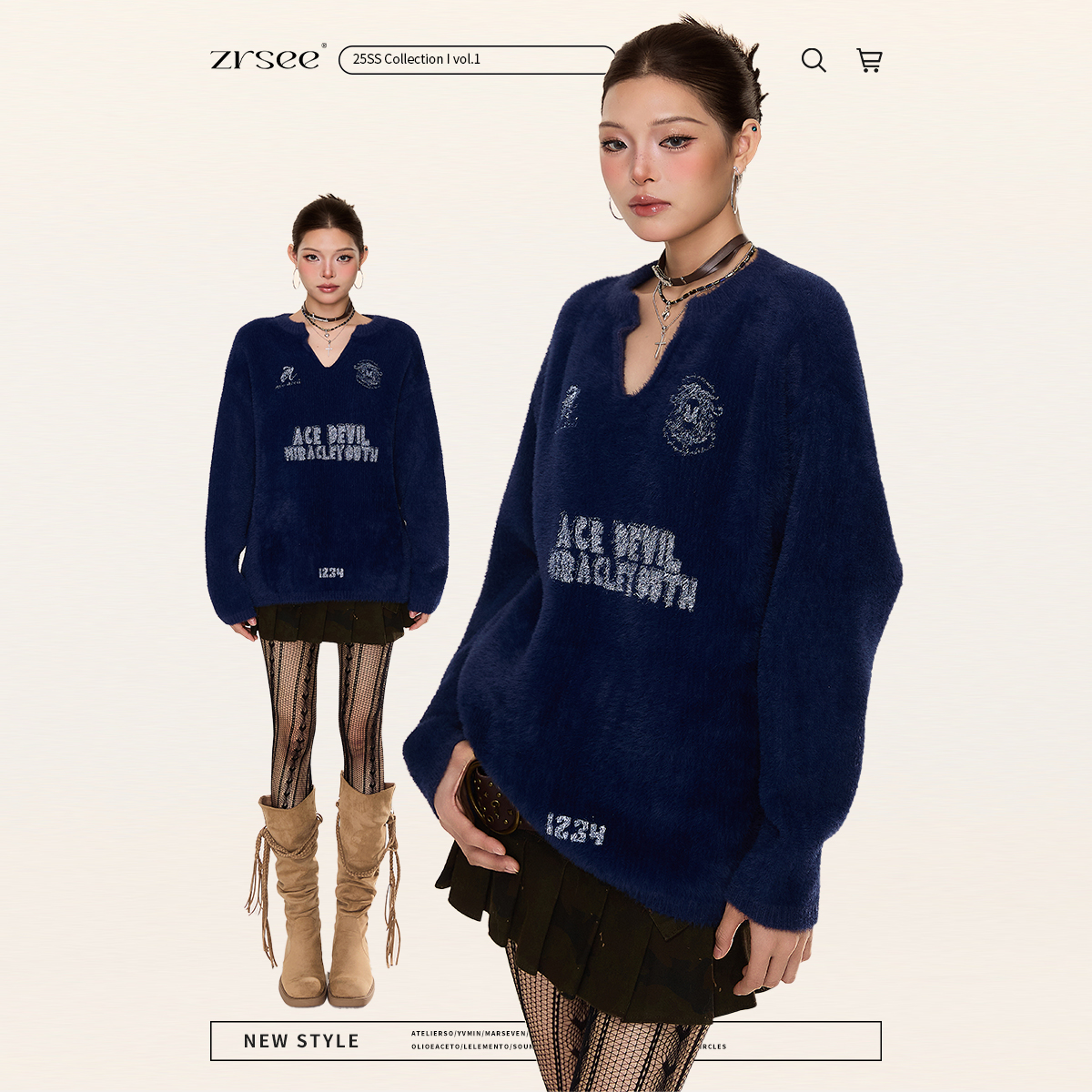 自然涩美式仿貂毛徽章球服v领男女毛衣秋冬加绒针织衫长袖外套