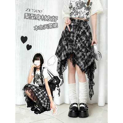 不规则蕾丝拼接格子半身裙女夏