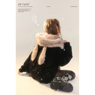 保暖棉袄 新款 自然涩美式 兔耳朵加绒加厚连帽雕麂皮外套棉服女冬季