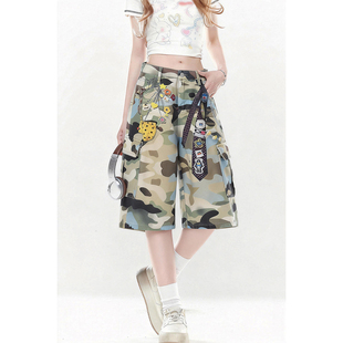 ZRSEE 美式复古印花迷彩七分裤女多口袋宽松阔腿个性贴布工装裤子
