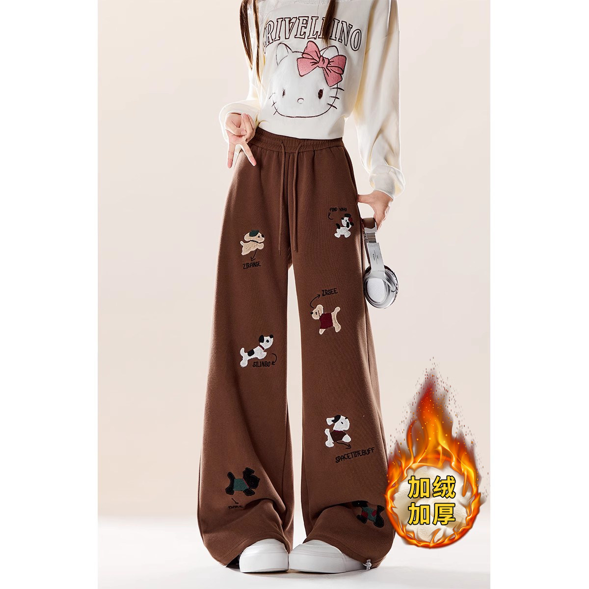 【买一赠一】美拉德复古卡通小狗刺绣休闲裤加绒休闲显瘦阔腿裤,女装/女士精品,休闲裤,淘宝优惠券,粉丝福利购,淘宝优惠卷