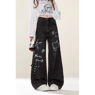 自然涩美式春秋新款黑色凯蒂猫印花直筒牛仔裤涂鸦阔腿裤子冬季女
