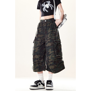 ZRSEE 街头美式复古迷彩工装裤女宽松显瘦直筒阔腿小众七分短裤子