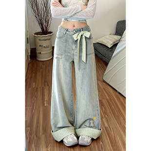ZRSEE 美式水洗格子卷边牛仔裤阔腿宽松女做旧春早春复古阔腿长裤
