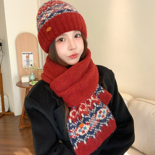 费尔岛红色针织围巾帽子女款冬季2025新款韩系氛围感加厚保暖围脖