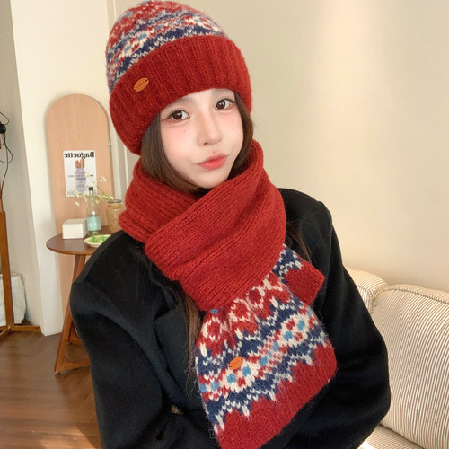 费尔岛红色针织围巾帽子女款冬季2025新款韩系氛围感加厚保暖围脖