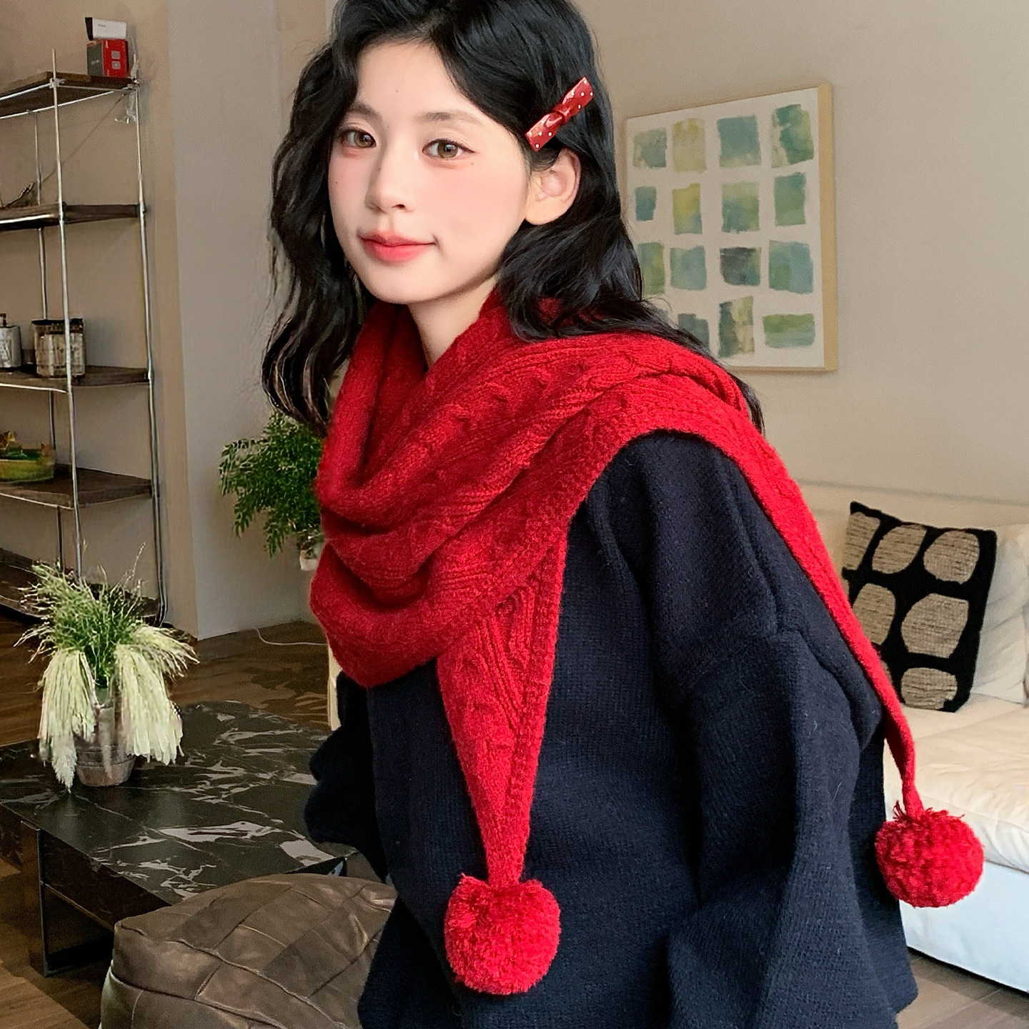 复古三角巾女秋冬季针织围巾毛球流苏装饰设计感披肩保暖百搭围脖