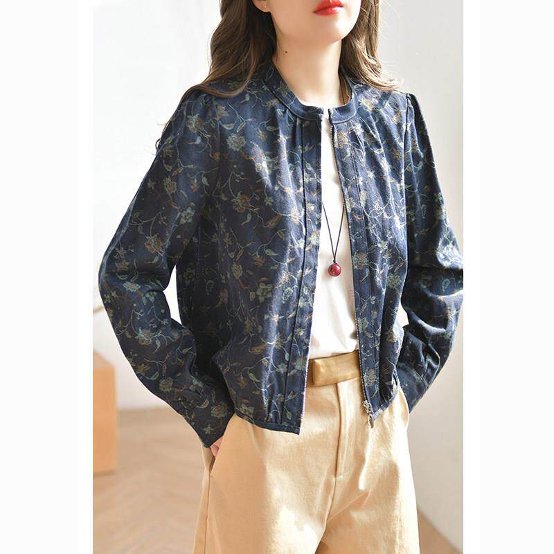 JOVKATTI休闲复古蓝色牛仔外套女短款2026春新品圆领提花夹克上衣