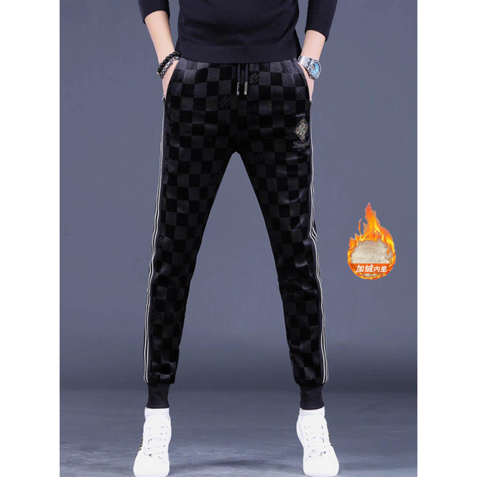 裤子男2025秋冬季新款格子加绒修身微弹束脚裤韩版运动潮流哈伦裤