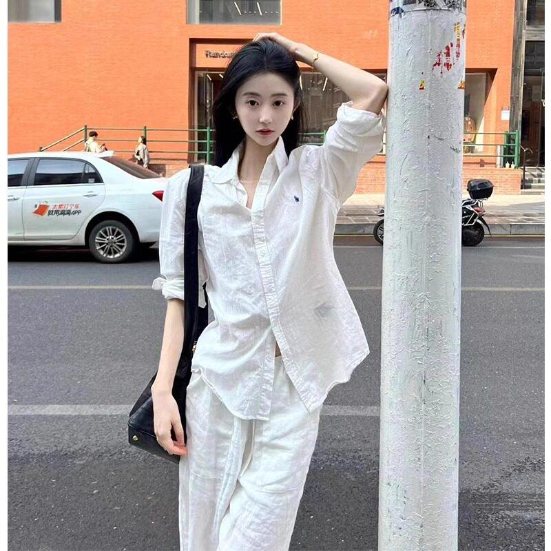 SUPDORX~棉麻女高端套装运动白色衬衫夏季亚麻衬衫慵懒松弛感穿搭