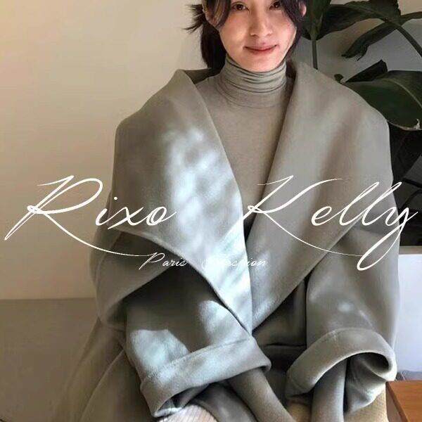 RIXO STREET法式气质奶绿色大衣女冬新款中长款宽松翻领毛呢外套