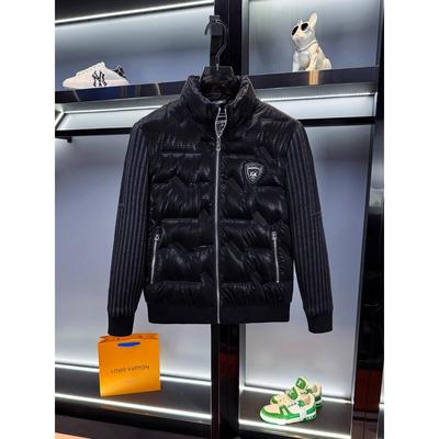 男外套高级感拼接针织袖黑色痞帅潮流个性时尚立领羽绒服男冬季