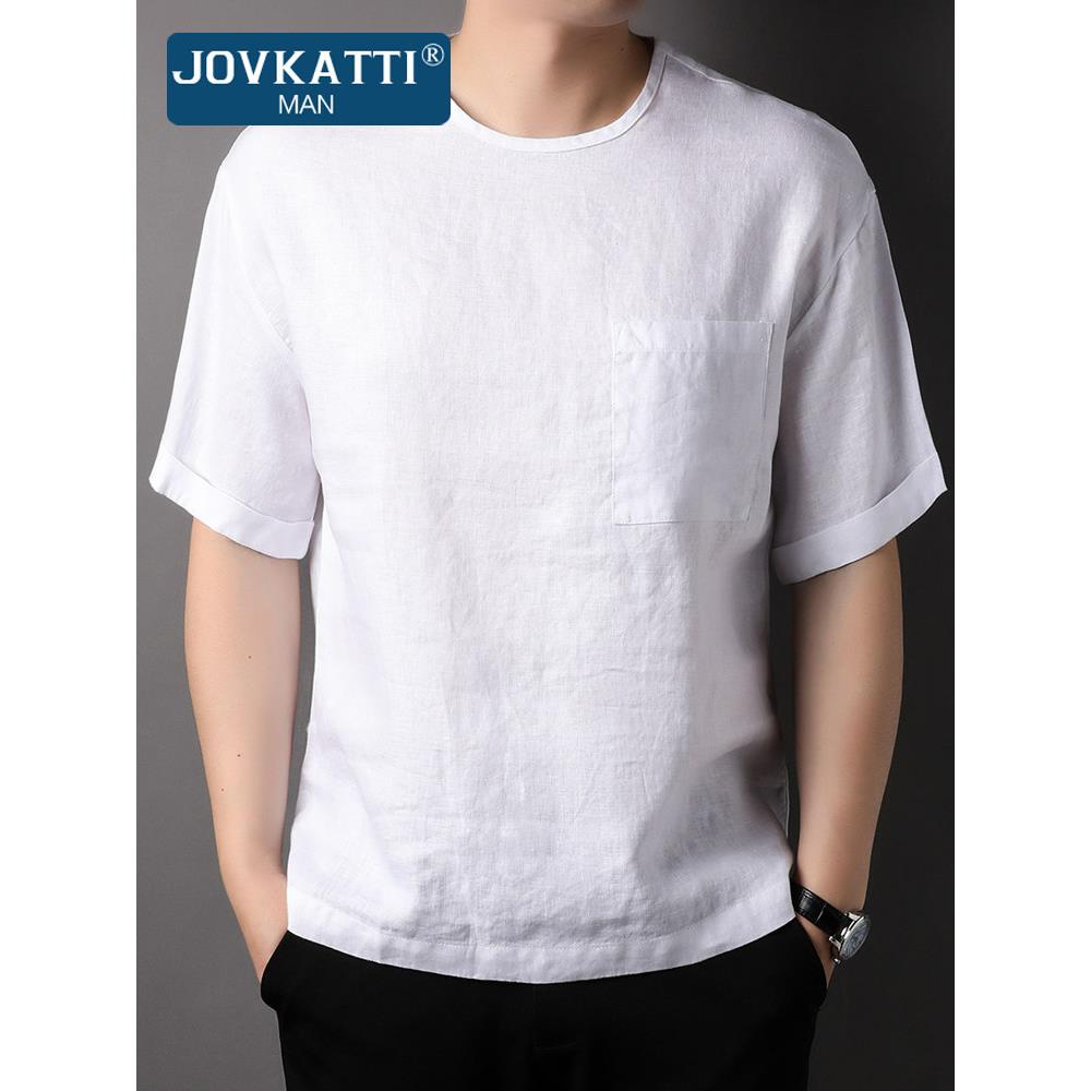 JOVKATTI品牌亚麻短袖T恤男夏季薄款中国风圆领休闲男士宽松上衣