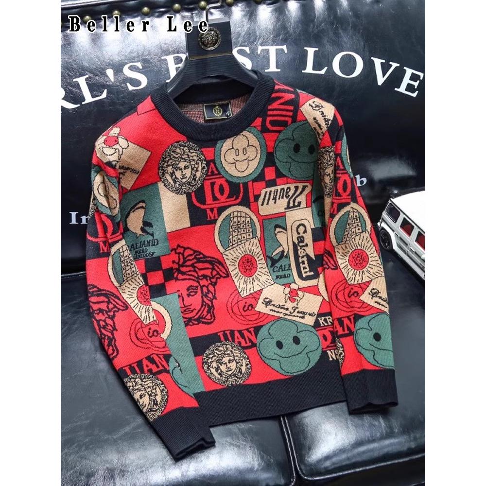 BellerLee 轻奢欧洲站圆领针织衫男秋冬季修身套头长袖毛衣打底衫