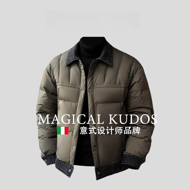 MAGICAL KUDOS高端鸭绒翻领羽绒服男秋冬拼接牛仔夹克休闲外套