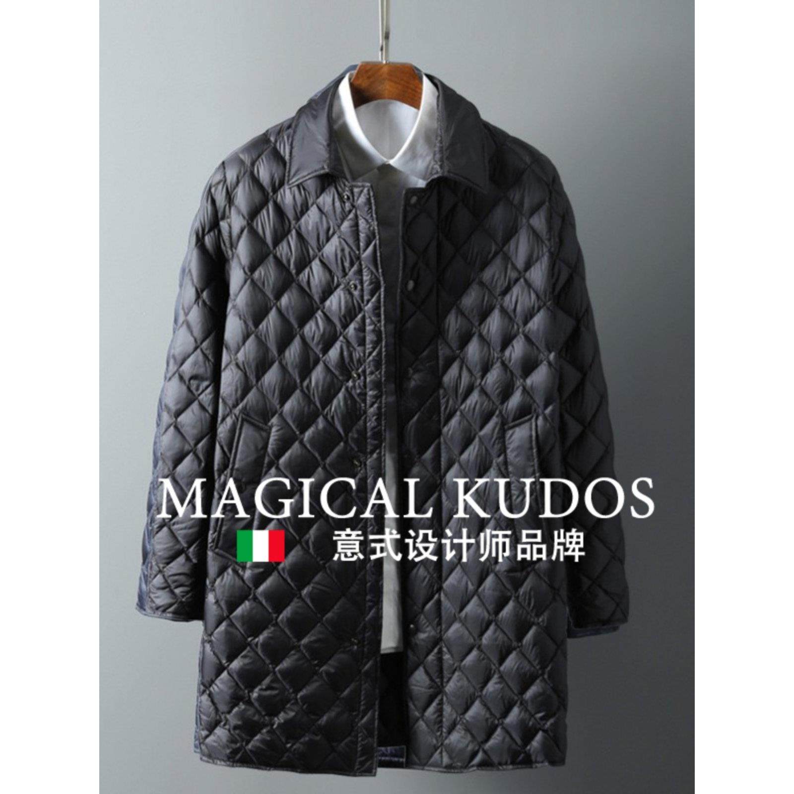 MAGICAL KUDOS冬季中长款羽绒服男白鸭绒轻薄菱形格保暖宽松外套