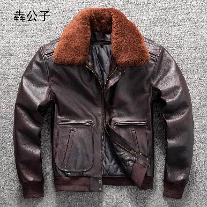 犇公子头层牛皮擦色男士毛领皮衣外套真皮皮衣夹克秋冬大码外套潮