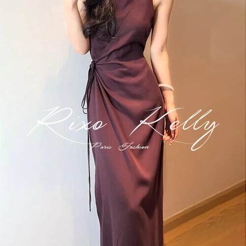 RIXO STREET夏季独特漂亮掐腰气质法式高级感显瘦酒红色连衣裙女