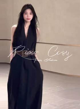 RIXO COSY 黑色高级感V领挂脖连衣裙2025御姐小众无袖显瘦长裙子