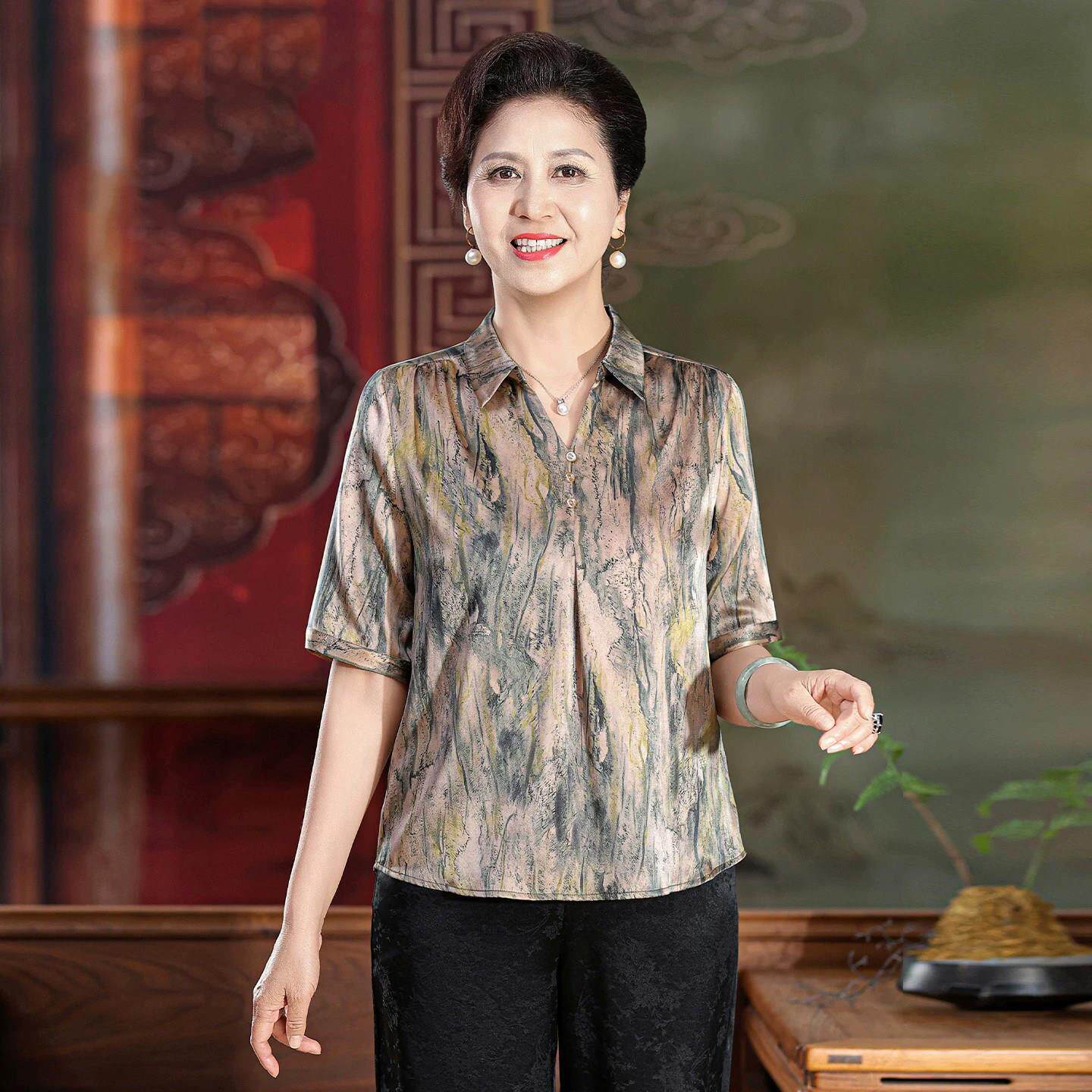 梵薇兰桑蚕丝T恤女高端真丝上衣中老年妈妈气质翻领宽松印花小衫