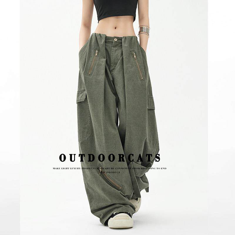 OUTDOORCATS美式覆古军绿色裤夏季工装裤女款宽松高腰宽裤子
