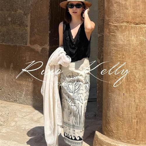 RIXO STREET法式复古气质印花亚麻包臀半裙女夏黑色荡领无袖上衣