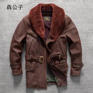 犇公子覆古高端宽松男真皮风衣头层牛皮真皮皮衣毛领大码秋冬外套