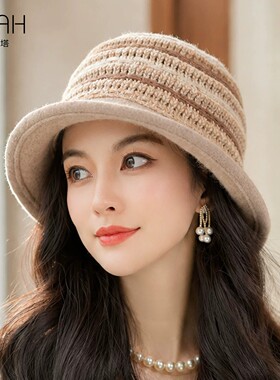 布塔秋冬编织帽子女显脸小渔夫帽圆顶针织帽保暖时尚百搭气质盆帽