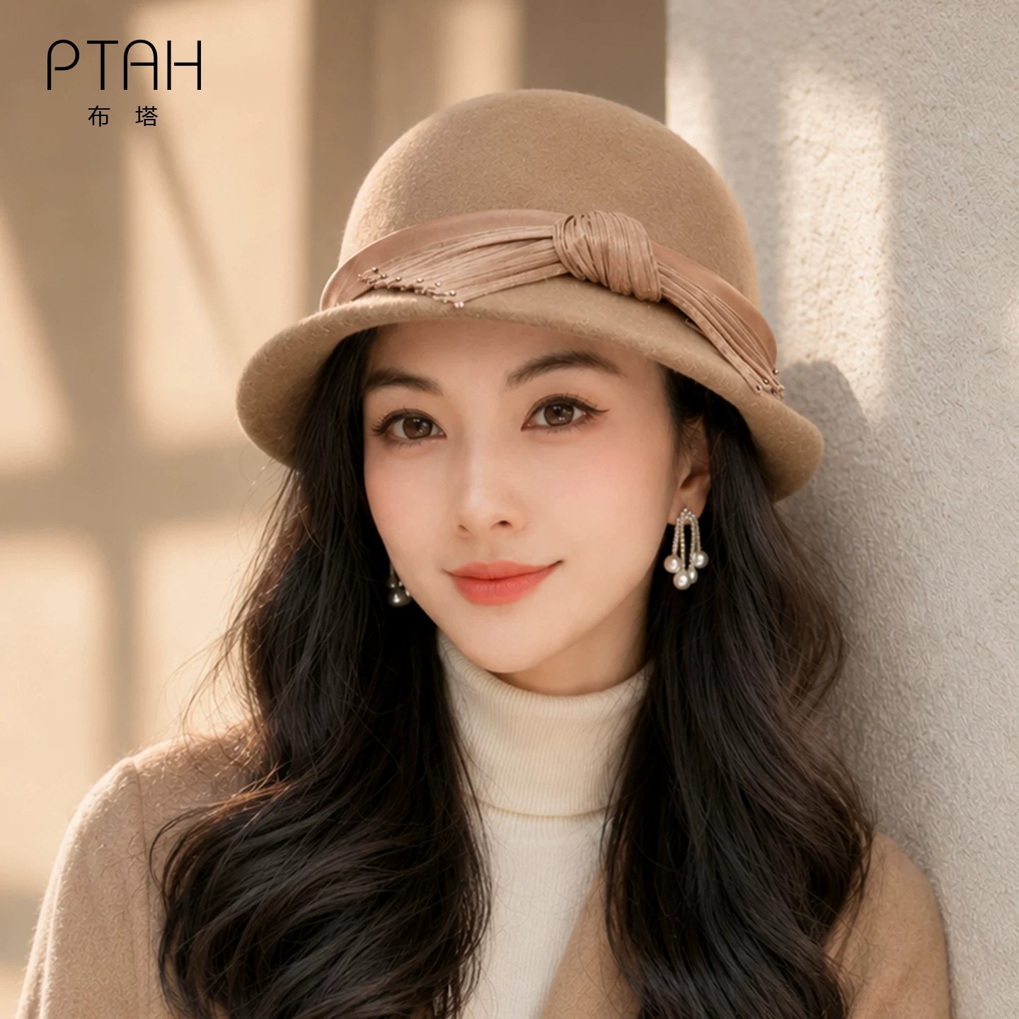 布塔复古纯羊毛礼帽女秋冬卷边毡帽优雅百搭法式圆顶帽时尚毛呢帽