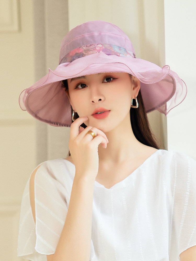 布塔夏天大檐防晒太阳帽女式气质优雅大檐桑蚕丝遮阳帽波浪边帽子
