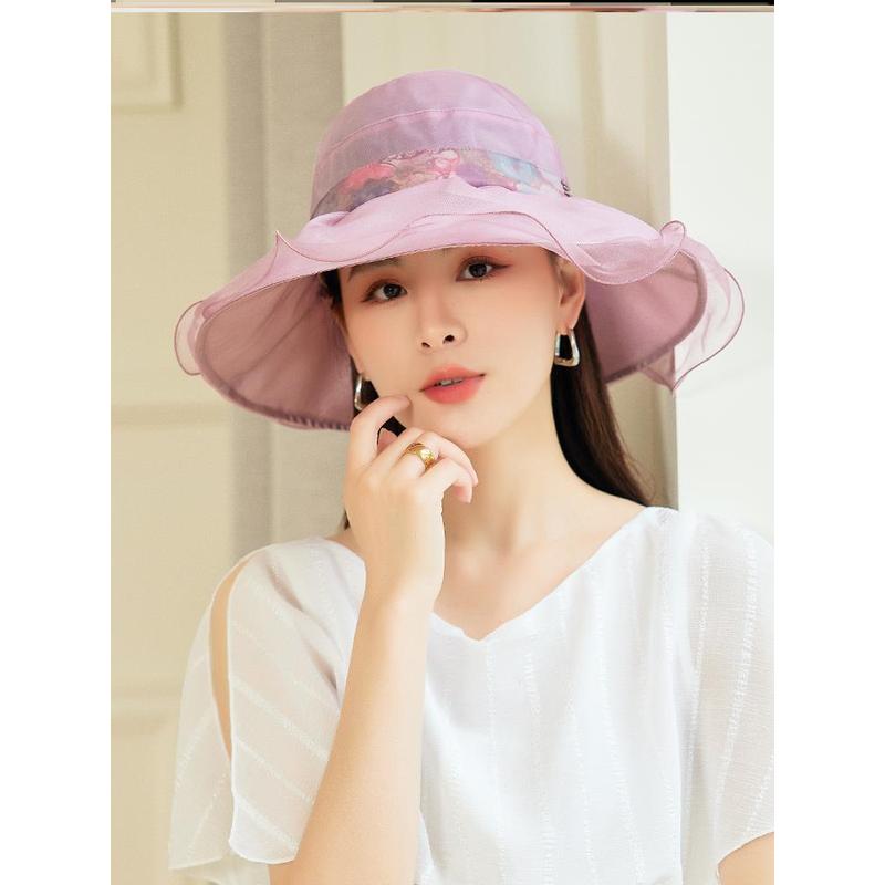 布塔防紫外线遮阳帽女防晒帽子夏气质优雅桑蚕丝太阳帽大檐波浪边