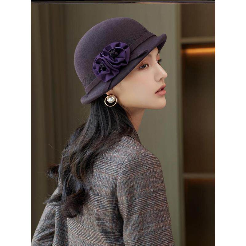 布塔帽子羊毛圆顶帽英伦复古网红女时尚礼帽休闲双花朵秋冬贝雷帽