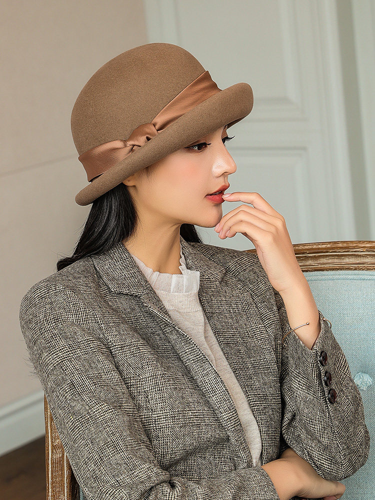 布塔秋冬季帽子羊毛礼帽女韩版卷边圆顶毛呢帽英伦复古优雅贝雷帽